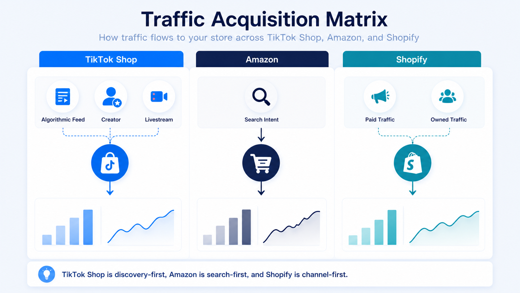 Traffic acquisition matrix comparing TikTok Shop, Amazon, and Shopify